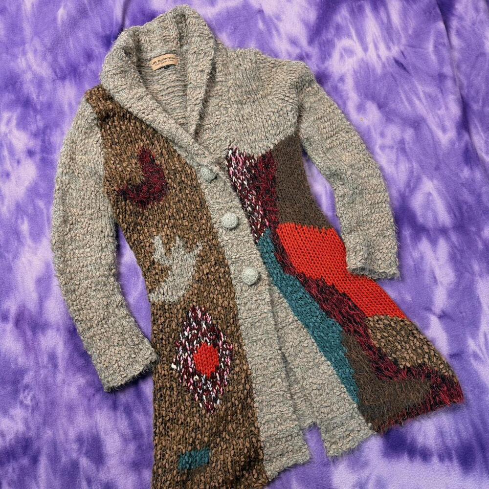 Cozy artsy chunky knit patchwork cardigan with mixed texture - Picture 2 of 6